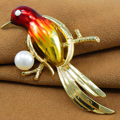 Exotic Bird Brooch / Pin with Cultured Pearl & Enamel