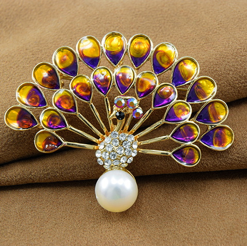 Unique Peacock Brooch/Pin With Cultured Pearl & Enamel