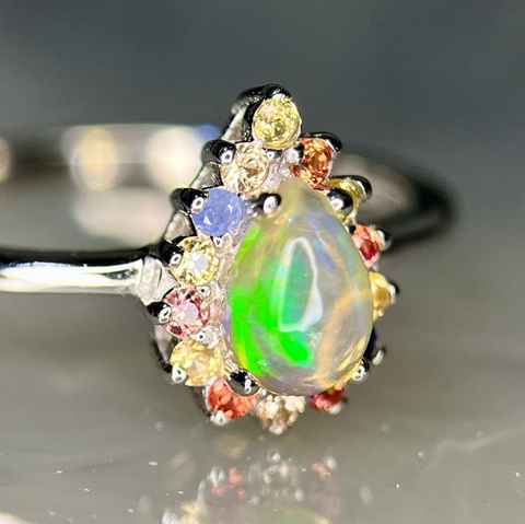 Natural Fire Opal with Multi Sapphire Silver 925 Ring