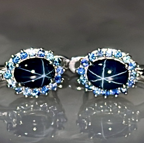 Natural Star Sapphire with Blue Sapphire Silver 925 Earrings