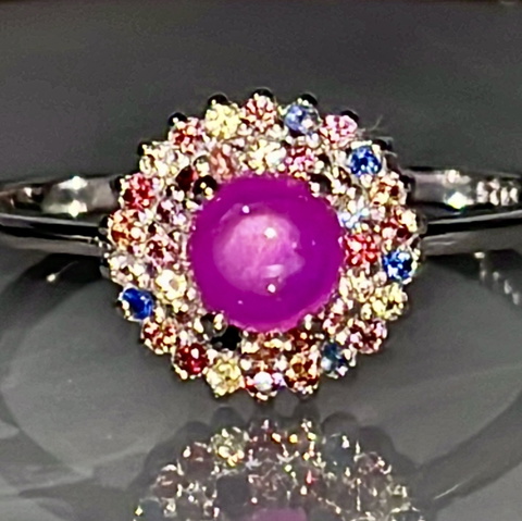 Natural Star Ruby with Multi Sapphire Silver 925 Ring