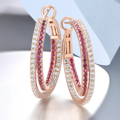 A Stunning Lab Created Nano Rubies 925 SS Rose Gold Hoop Earrings