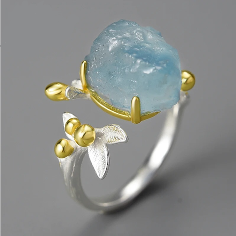 18K Gold Plated Natural Aquamarine 925 SS Adjustable Fine Jewelry Ring