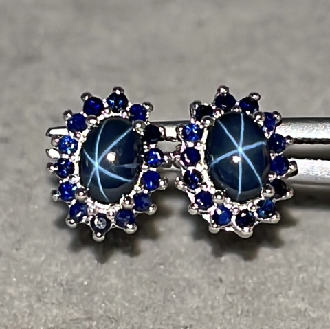 Natural Star Blue Sapphire and Blue Sapphire Earrings