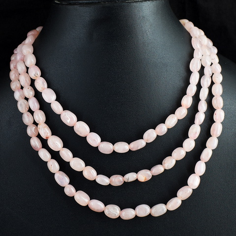Genuine 463.00 Cts 3 Line Rose Quartz Beads Necklace 14-H244