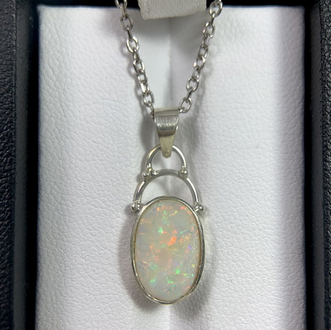 Stunning Fire Natural Australian Opal In Handmade Silver Pendant
