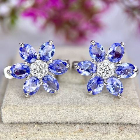 24.29Ct Dazzling Natural Tanzanite Cluster Gemstone Silver925 Earrings