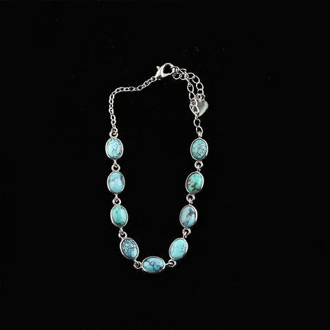 Natural Turquoise Link Bracelet, Handmade Silver Jewelry with Oval Stones