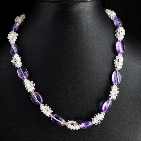 Genuine 217.00 Cts White Quartz & Amethyst Beads Necklace 26-H245