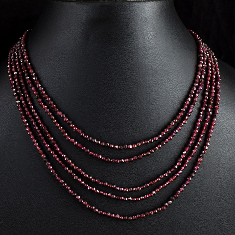 Genuine 209.00 Cts 5-Line Red Garnet Faceted Beads Necklace 30-H245