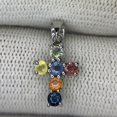 4.35CT Top Color Multi Colour Sapphire Cross Pendant in 925 Silver Sterling