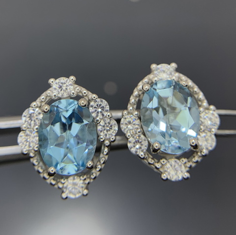 26.25 CT Top Swiss Blue Topaz with CZ Ear Studs in 925 Silver Sterling