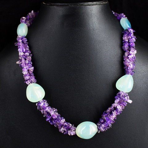 Genuine 446.00 Cts Chalcedony & Amethyst Beads Necklace 16-H246