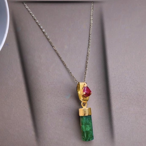 14k Yellow Gold Emerald and Kashmir Ruby Pendant