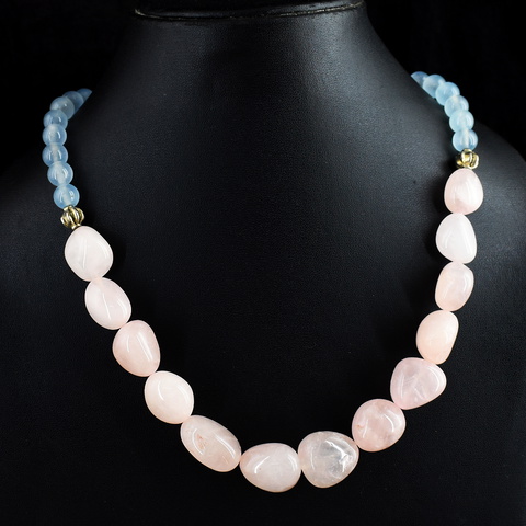 Genuine 447.00 Cts Rose Quartz & Chalcedony Beads Necklace 6-H247
