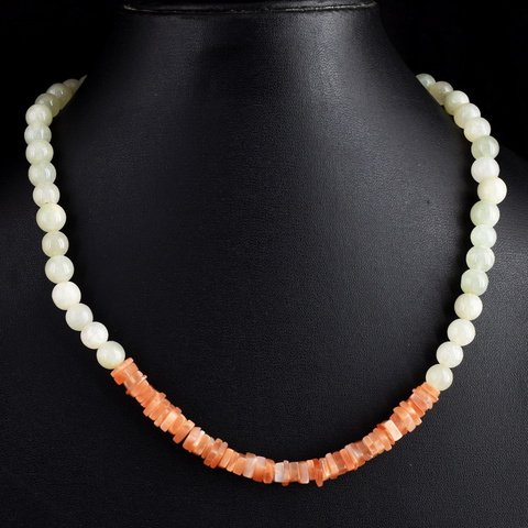 Genuine 233.00 Cts Peach Moonstone & Aventurine Beads Necklace 35-H247