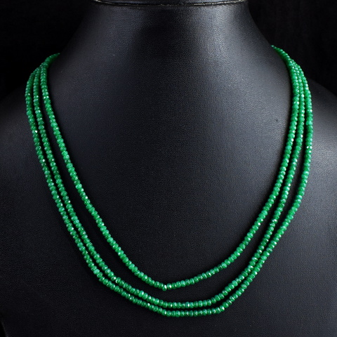 Genuine 136.00 Cts 3 Line Green Onyx Faceted Beads Necklace 53-H247
