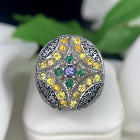 Stunning Design Natural (Sapphire-Emerald-Tanzanite) Heavy Handmade Ring