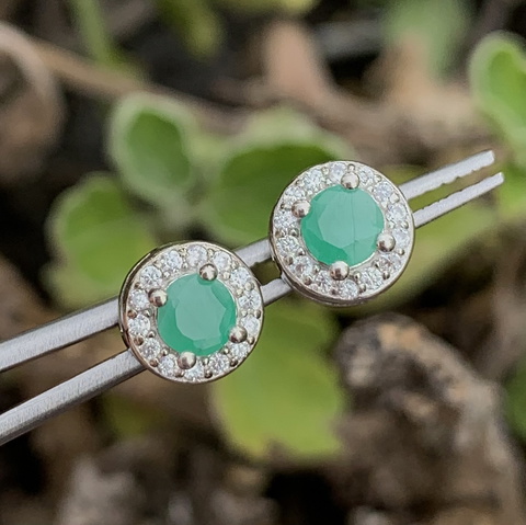 7.80 CT Natural Emerald with CZ Ear Studs in 925 Silver Sterling